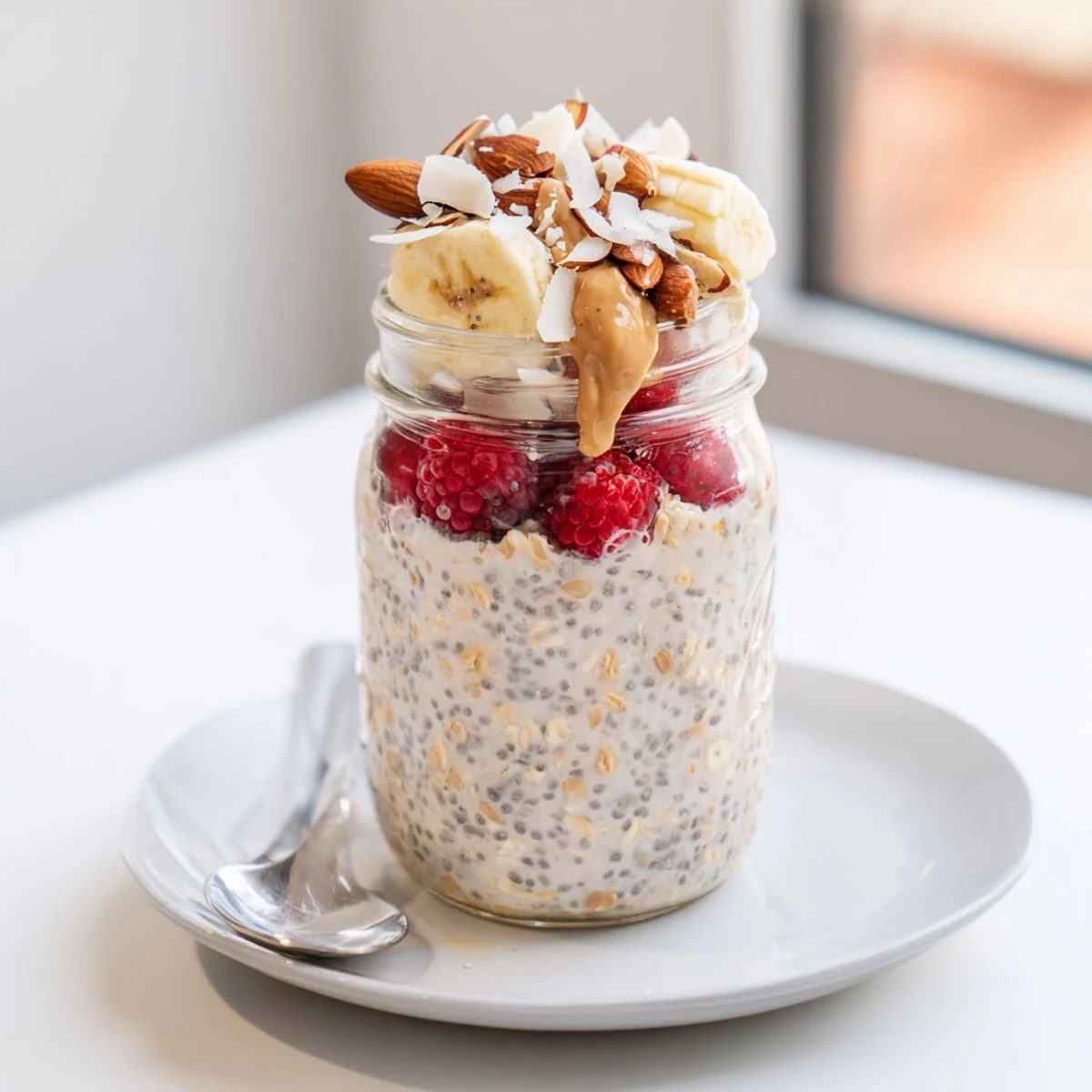 Thick protein overnight oats swirl with Greek yogurt and sliced banana