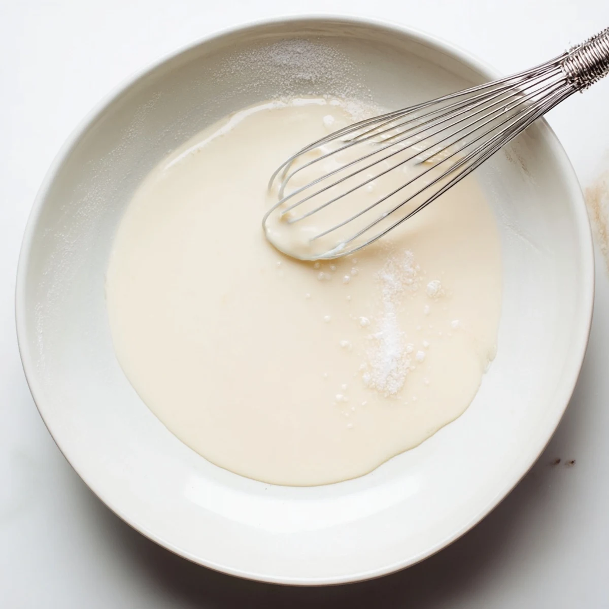Creamy condensed coconut milk simmering in a saucepan with visible sugar granules