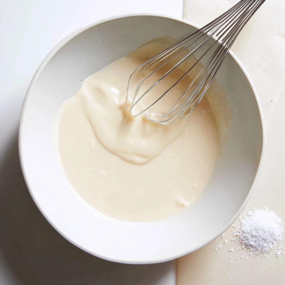 Velvety condensed coconut milk pooled in a small bowl beside ripe banana slices