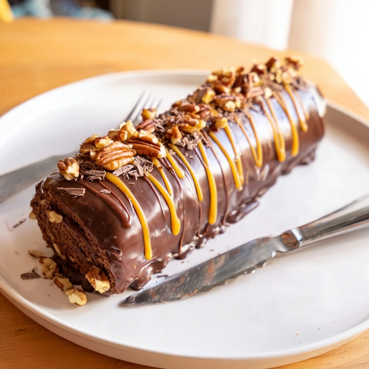 Gooey Chocolate Caramel Turtle Cake Roll sliced on a rustic white serving plate