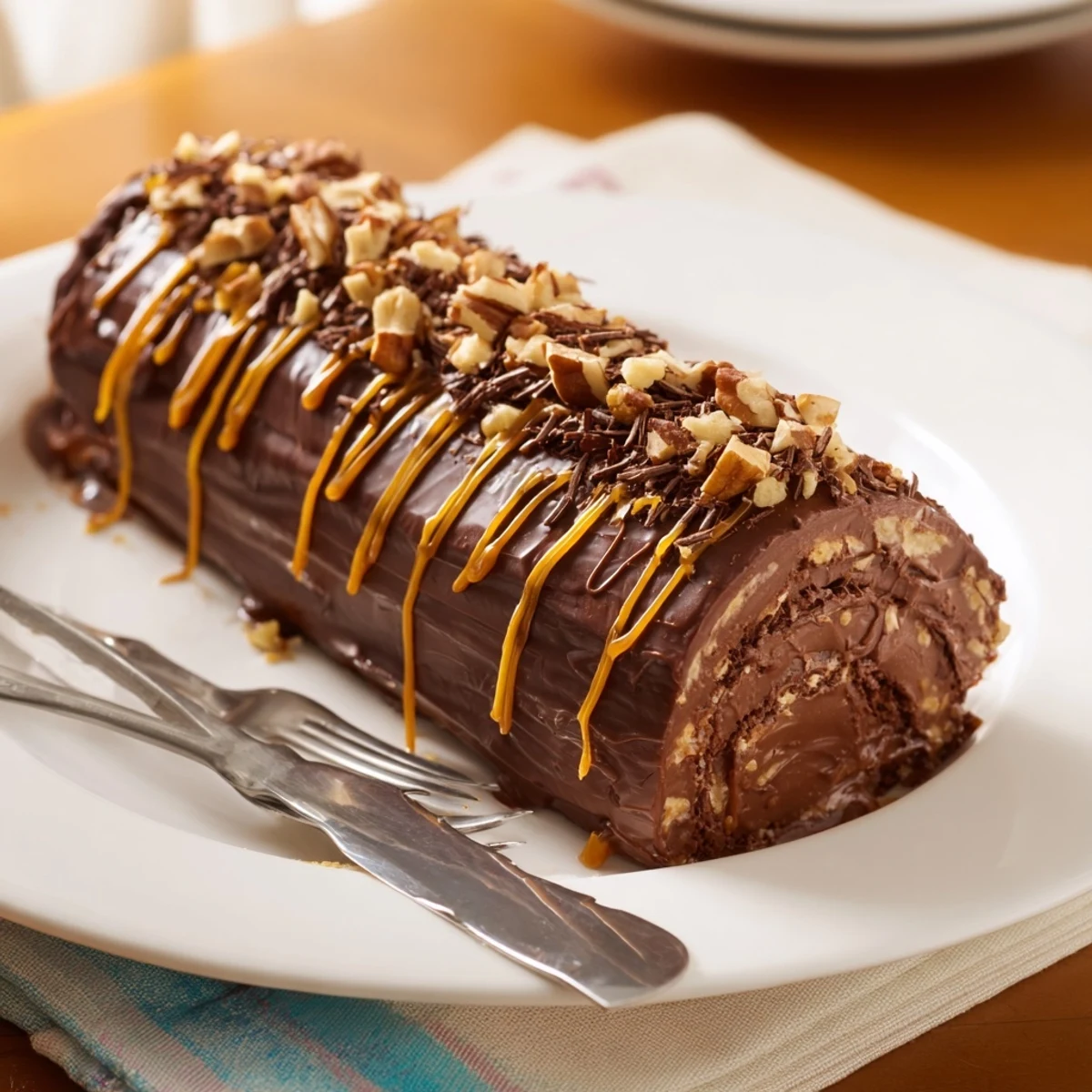 Rich chocolate ganache dripping over a swirled Gooey Chocolate Caramel Turtle Cake Roll