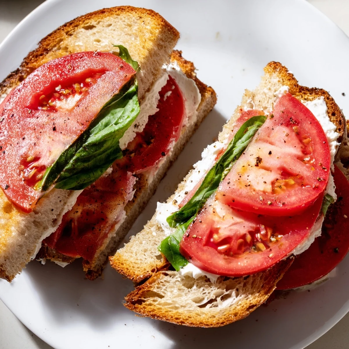 Classic tomato sandwich layered with fresh basil and cracked pepper