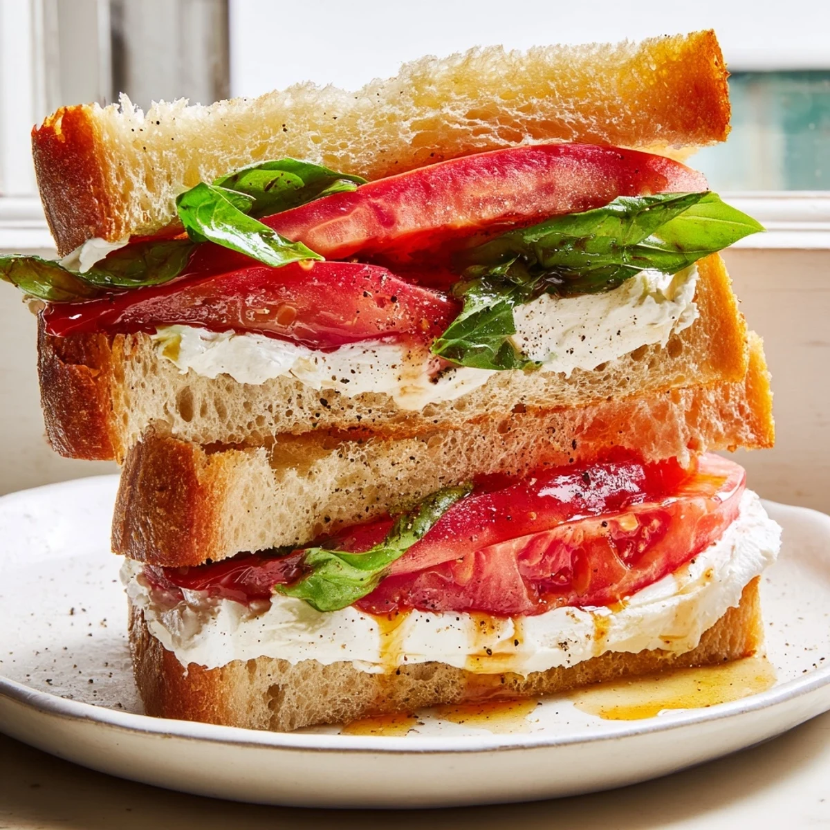 Thick sliced tomato sandwich served on crusty country-style bread with mayonnaise