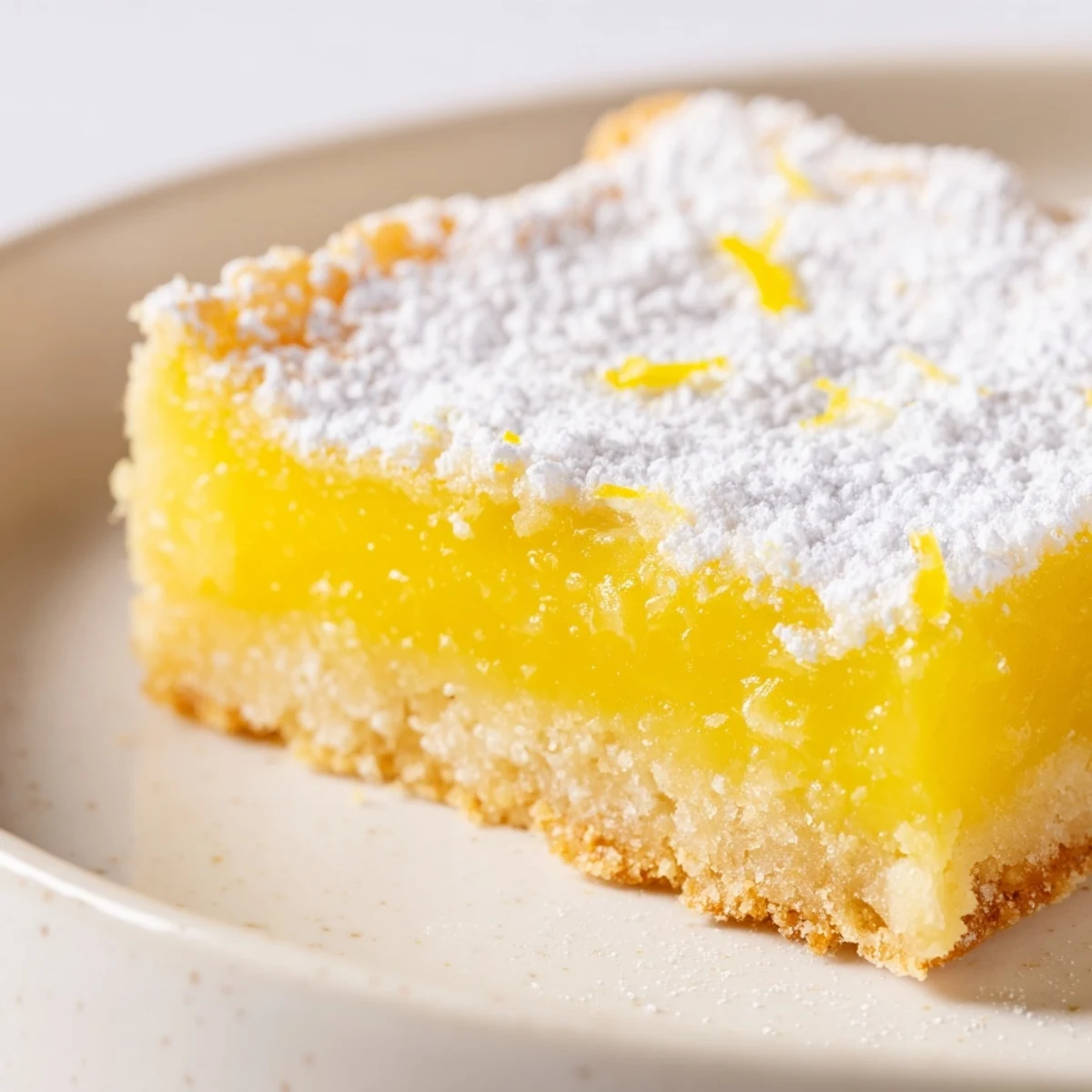 Golden homemade lemon bars dusted with powdered sugar on a rustic cutting board.