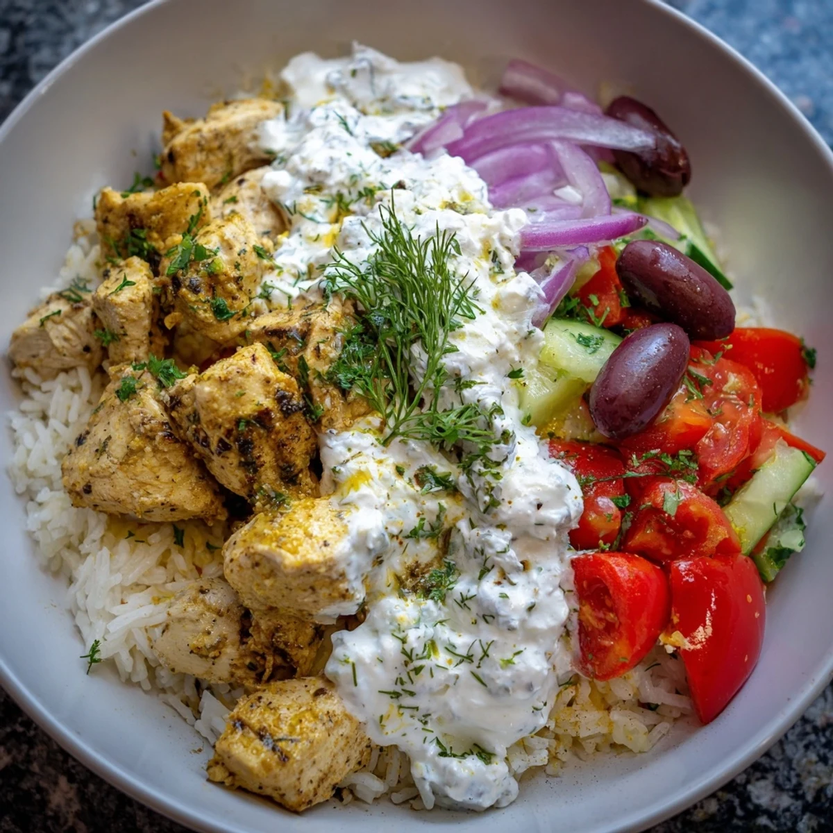 Greek chicken bowls featuring grilled spiced chicken over rice with fresh veggies and feta.