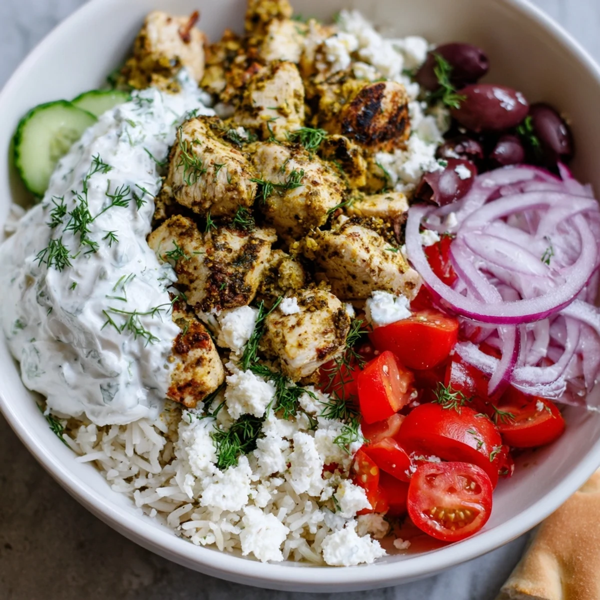 A Mediterranean Greek chicken bowl topped with tzatziki, olives, and crumbled feta.