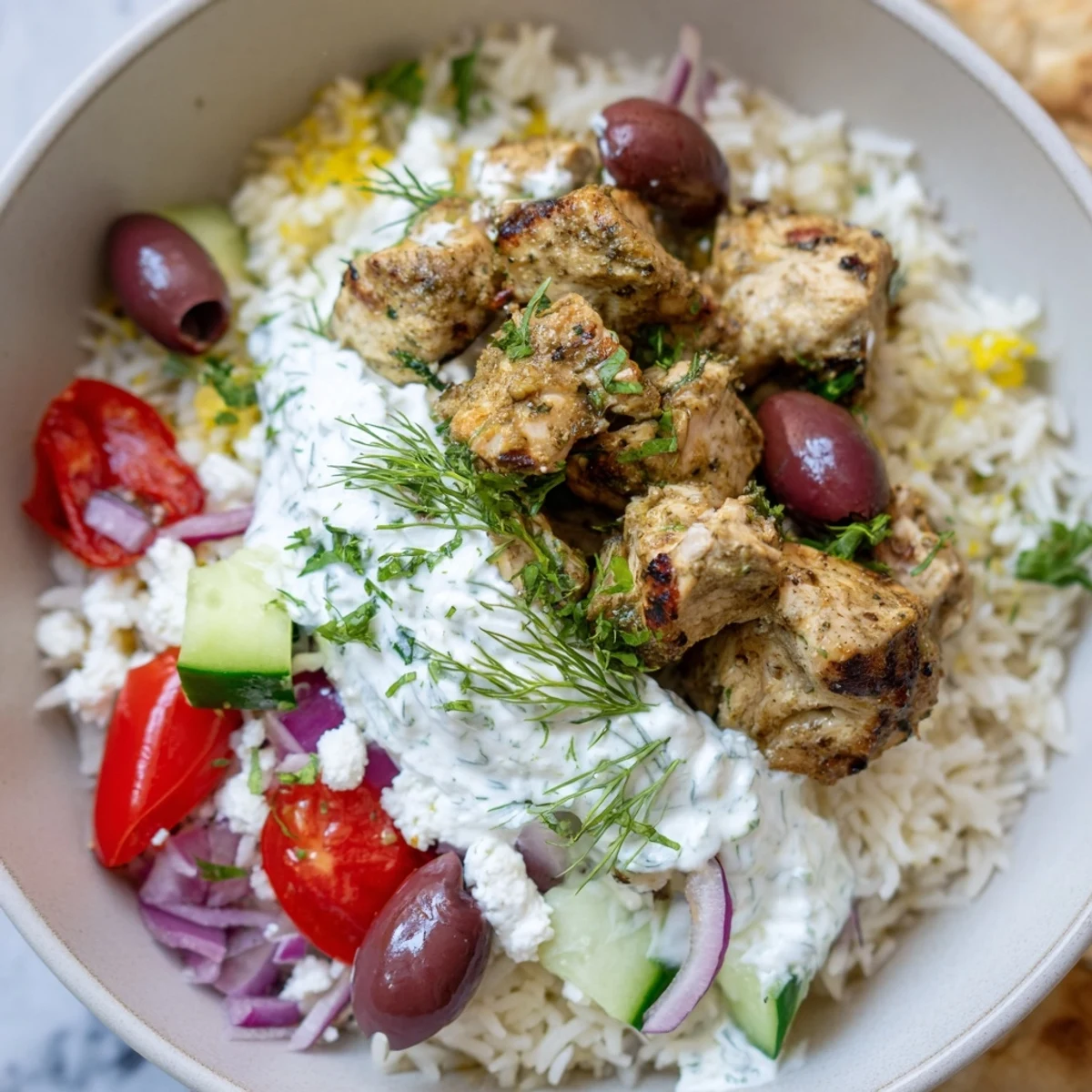 Healthy Greek chicken bowls served with grilled meat, crisp vegetables, and yogurt sauce.
