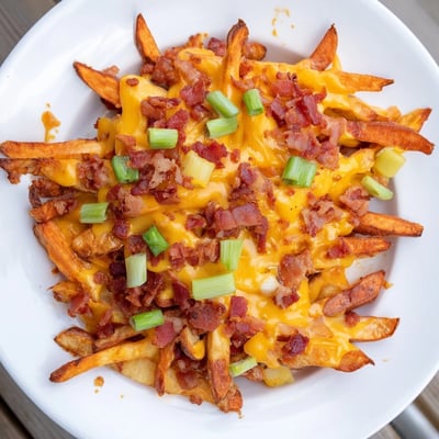 Freshly baked Cheese Fries with Turkey Bacon Bits served hot on a baking sheet, garnished with scallions and a side of sour cream.  