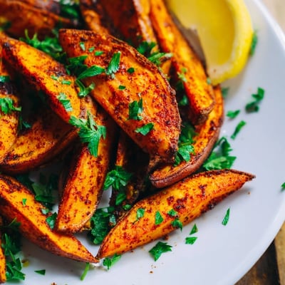Freshly baked sweet potato wedges with paprika, seasoned and garnished for a healthy, gluten-free side dish at dinner.  