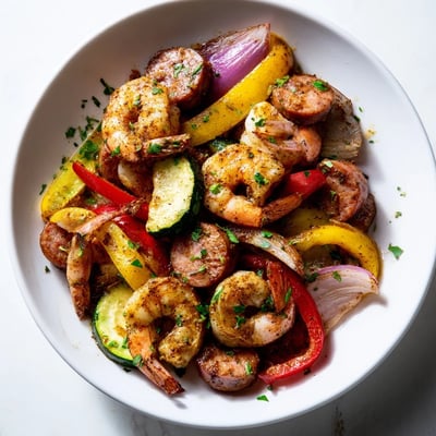 Sizzling Cajun Shrimp and Sausage Skillet ready to serve, garnished with fresh parsley and lemon wedges for brightness.