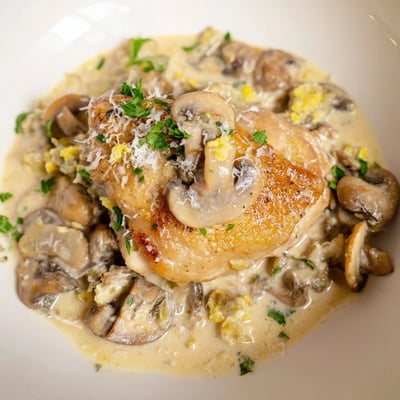 Golden-brown seared Creamy Garlic Mushroom Chicken simmering in a savory sauce with sliced mushrooms, garlic, and herbs, ready to be enjoyed with steamed rice for a comforting weeknight dinner.  
