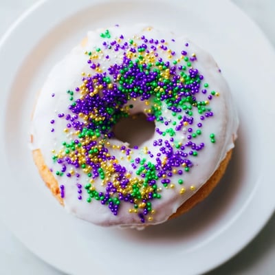 A close-up of soft, fluffy Mardi Gras King Cake Donuts drizzled with sweet vanilla icing and festive colored sugar for Carnival celebrations.