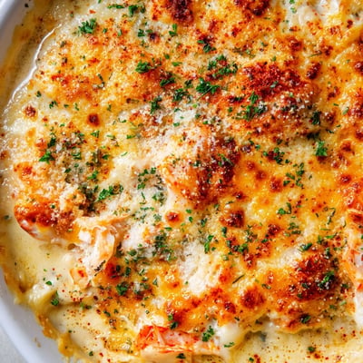 Creamy Cheesy Jumbo Lump Crab Au Gratin topped with melted cheddar Gruyère crust