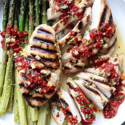 Smoky grilled chicken and tender asparagus topped with spicy Calabrian chili sauce