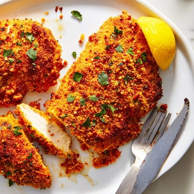 Juicy Paprika Parmesan Chicken sliced open revealing tender meat beneath a smoky golden cheese crust