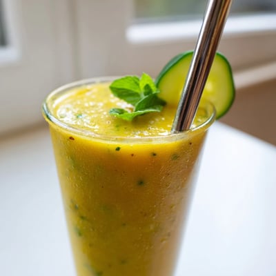 Tropical mango cucumber smoothie blended until creamy and served over crushed ice