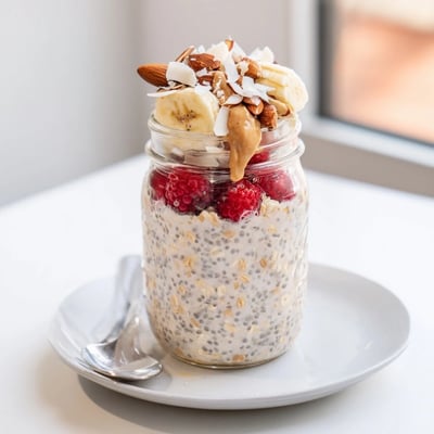 Thick protein overnight oats swirl with Greek yogurt and sliced banana
