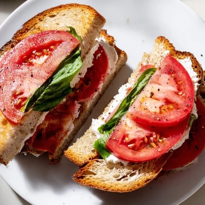 Classic tomato sandwich layered with fresh basil and cracked pepper